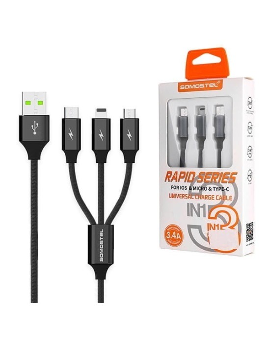 KABEL USB 3W1 SOMOSTEL CZARNY 1.2M POWERLINE SMS-BW03