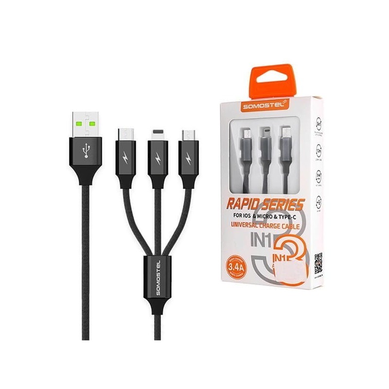 KABEL USB 3W1 SOMOSTEL CZARNY 1.2M POWERLINE SMS-BW03