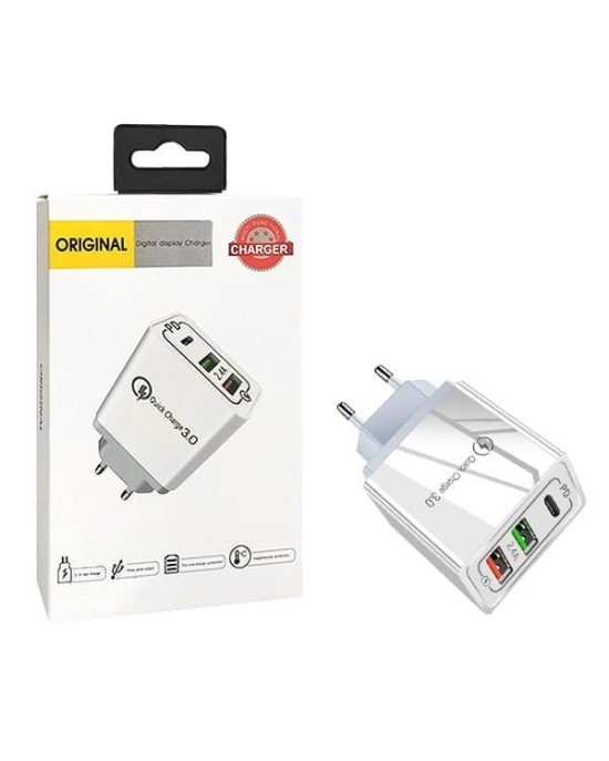 ŁADOWARKA SIECIOWA 2.4A 20W BIAŁA 2X USB 1X PD 2.1