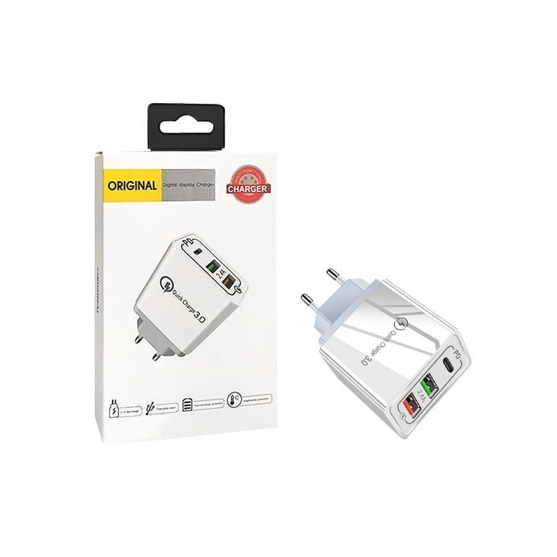 ŁADOWARKA SIECIOWA 2.4A 20W BIAŁA 2X USB 1X PD 2.1