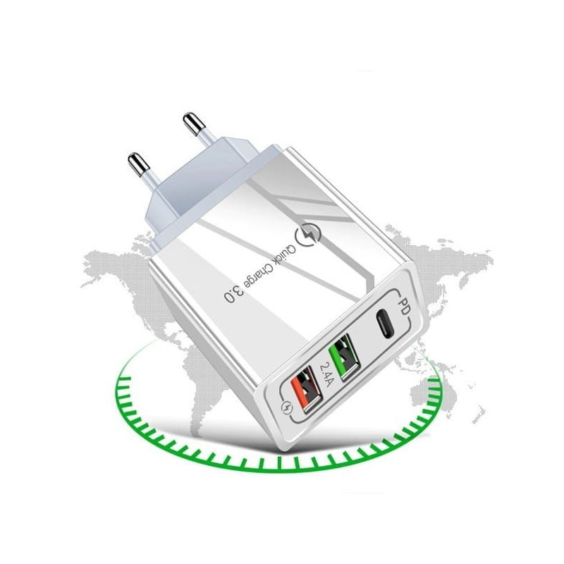 ŁADOWARKA SIECIOWA 2.4A 20W BIAŁA 2X USB 1X PD 2.1