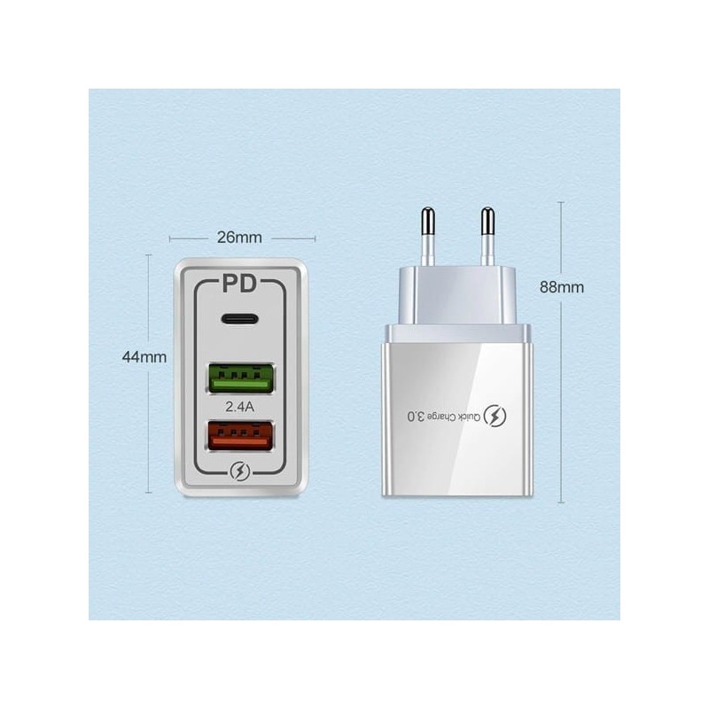 ŁADOWARKA SIECIOWA 2.4A 20W BIAŁA 2X USB 1X PD 2.1