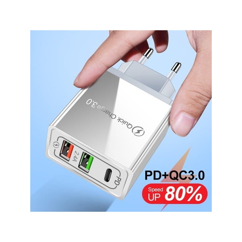 ŁADOWARKA SIECIOWA 2.4A 20W BIAŁA 2X USB 1X PD 2.1