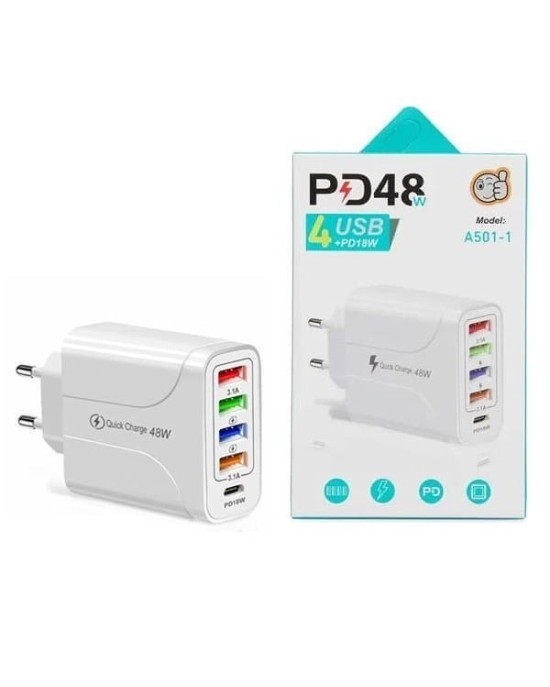 ŁADOWARKA SIECIOWA 5A BIAŁA 4XUSB 1XPD 18W